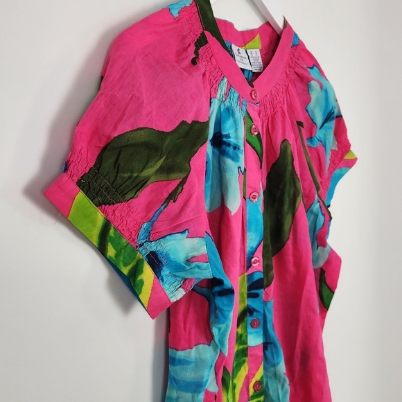 Caribbean Joe Cotton Tropical Pink Multicolor Smocked Button-Up Blouse Size XL - Picture 2 of 9